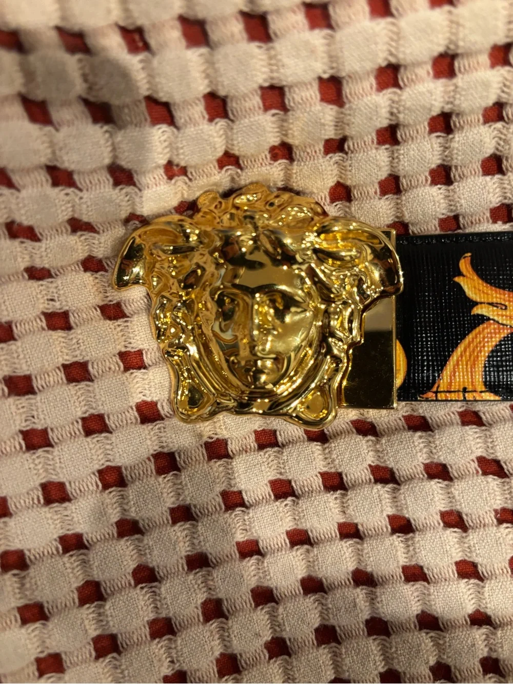 Versace Gold Medusa Buckle Black Ribbon Belt with Baroque Motif